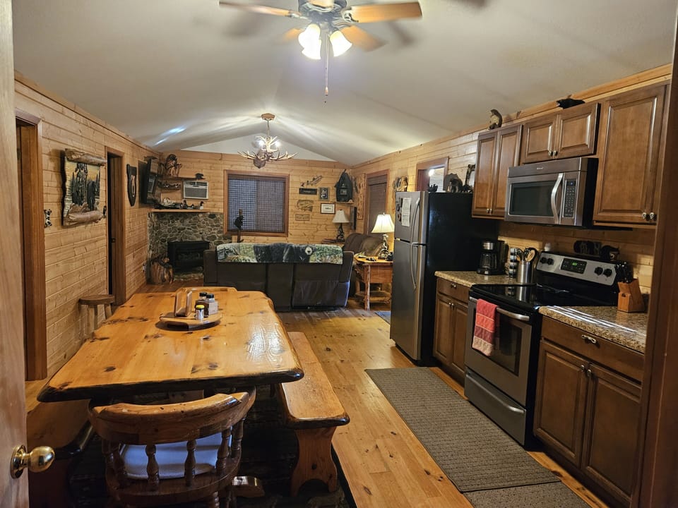 Full cabin view of kitchen and living room