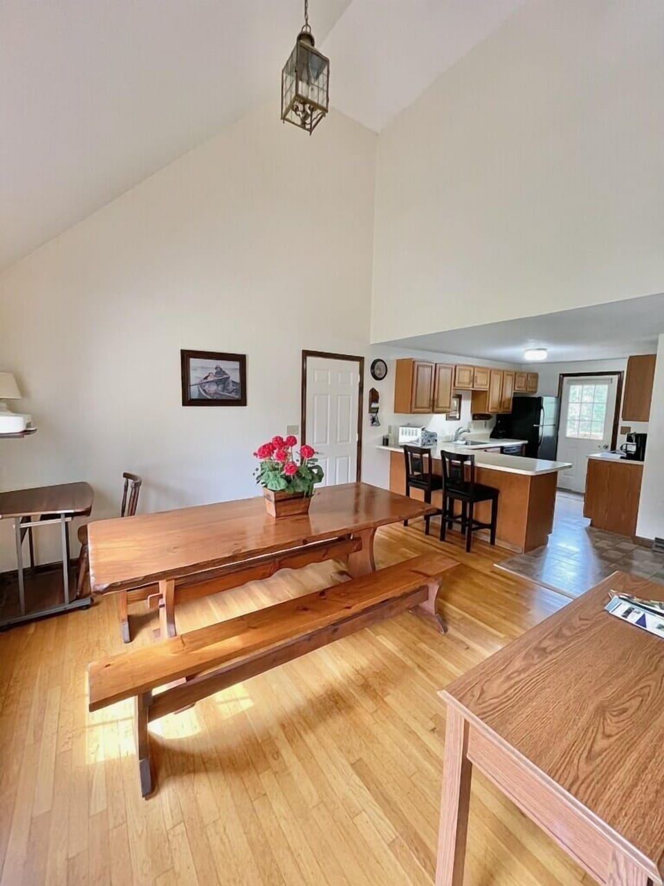 Trestle table, 2 benches, 2 chairs, highchair,desk for laptop. Wi-Fi