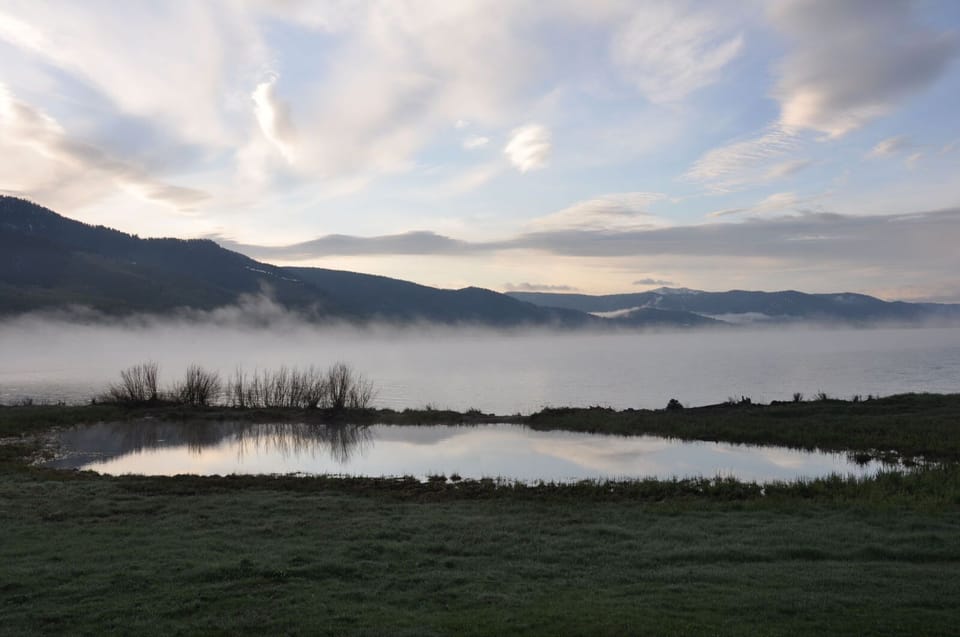 Misty morning lake view.