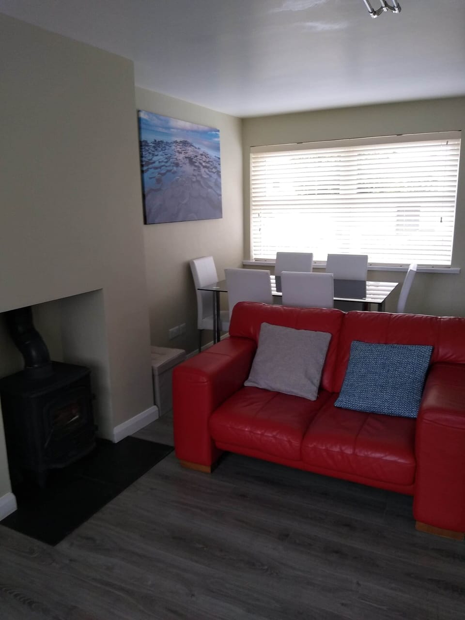 Living room with dining table.
