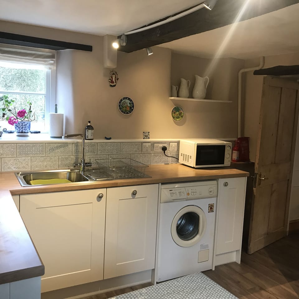 Kitchen has a dishwasher and washing machine, microwave, blender and more.