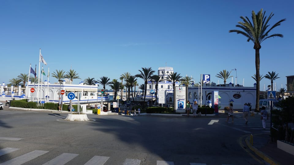 The Estepona Marina with many bars restaurants, boat and jet ski hire .