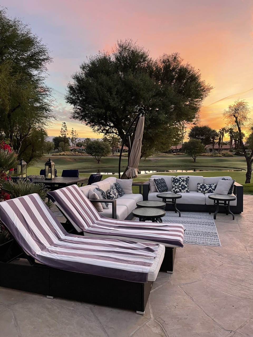 Beautiful patio over looking golf course with lake and mountain  views