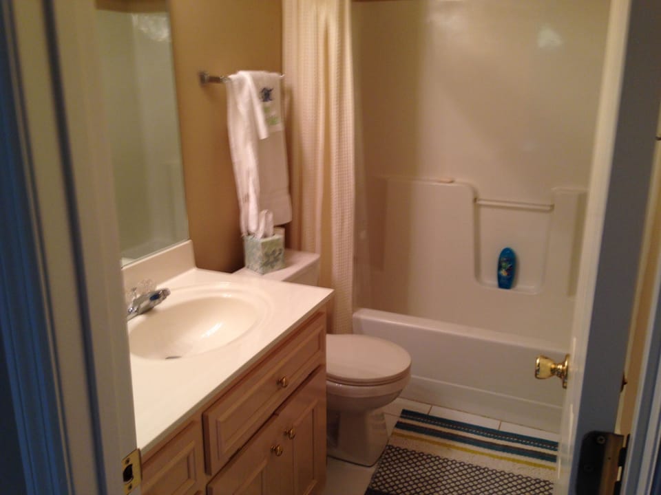 Hall bath between queen and twin bedrooms