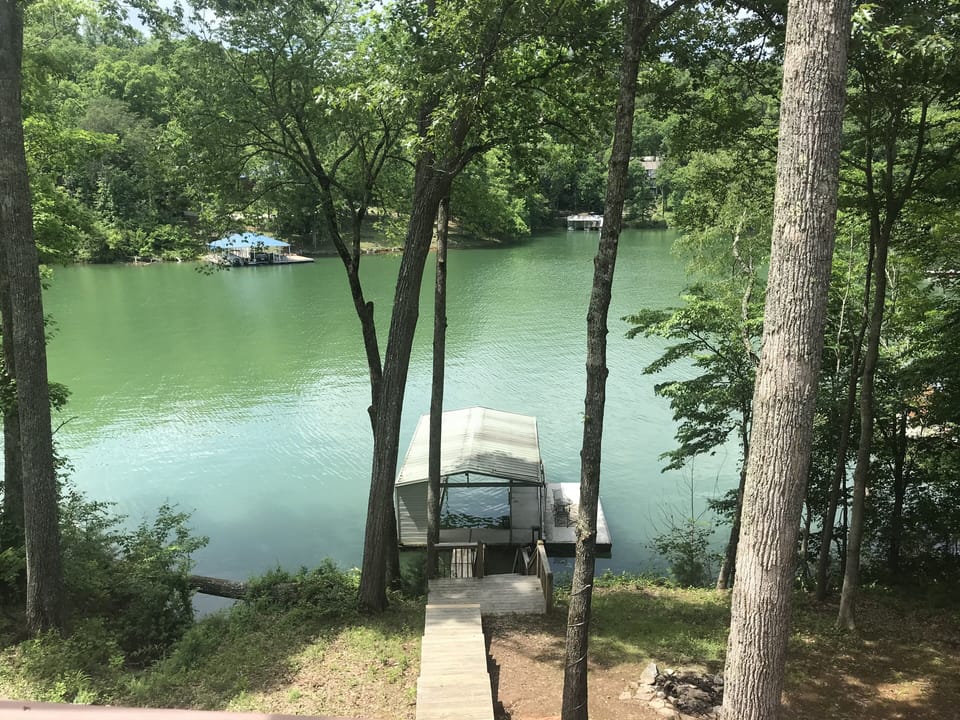 One slip covered dock with swim platform. Platfm covered with outdoor  carpet.