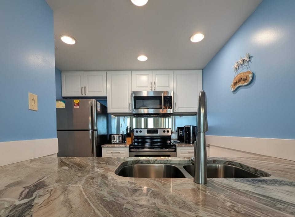 Modern kitchen with sleek appliances and vibrant blue walls
