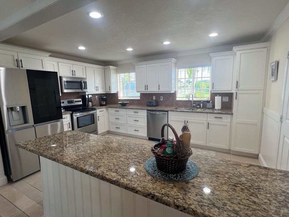 New refrigerator and well stocked kitchen