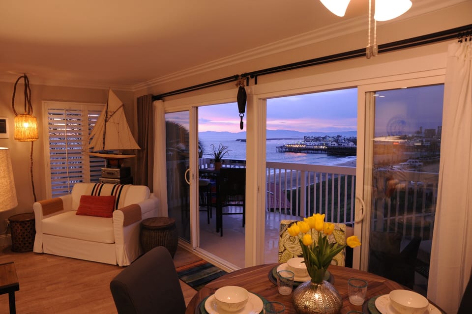 View from dining area of the beach and pier