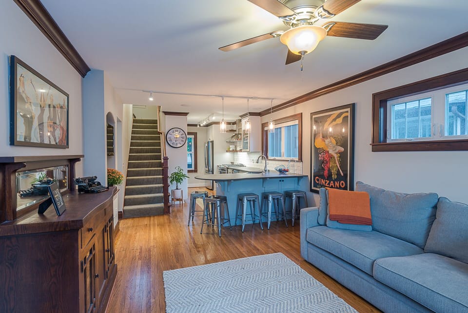 Open, airy floor plan and flat  screen TV