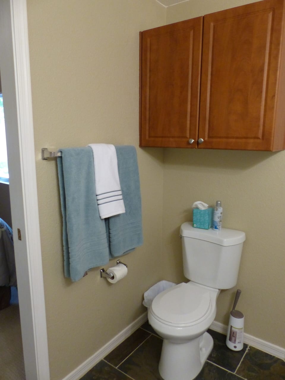 Bathroom with access from main living area and second bedroom.