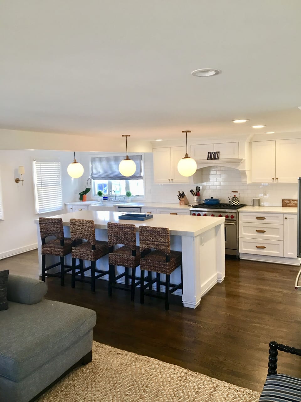 Renovated kitchen with seating for 4 - new 36" Wolf Range. 