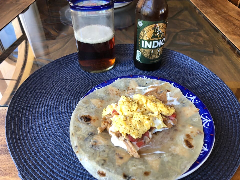 Mulo's Carnitas with scrambled eggs - delightful brunch!