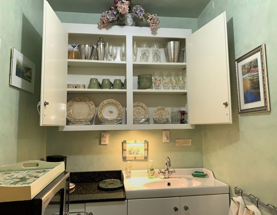 Arcata Stay's Rose Court Cottage equipped kitchenette including coffee and tea.