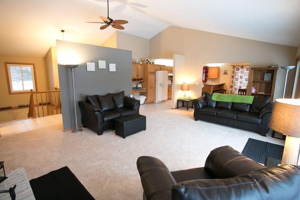 Living room looking into dining room and kitchen.