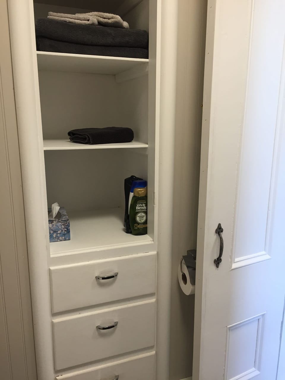 Storage in Main Floor Bathroom, good variety of shampoo, body wash etc.

