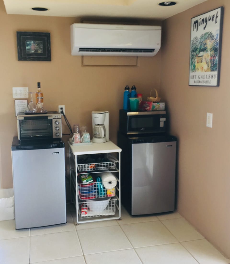 Kitchenette w/ 2 Mini Fridge, Microwave, Toaster Oven, Coffee Maker, Plates, Etc