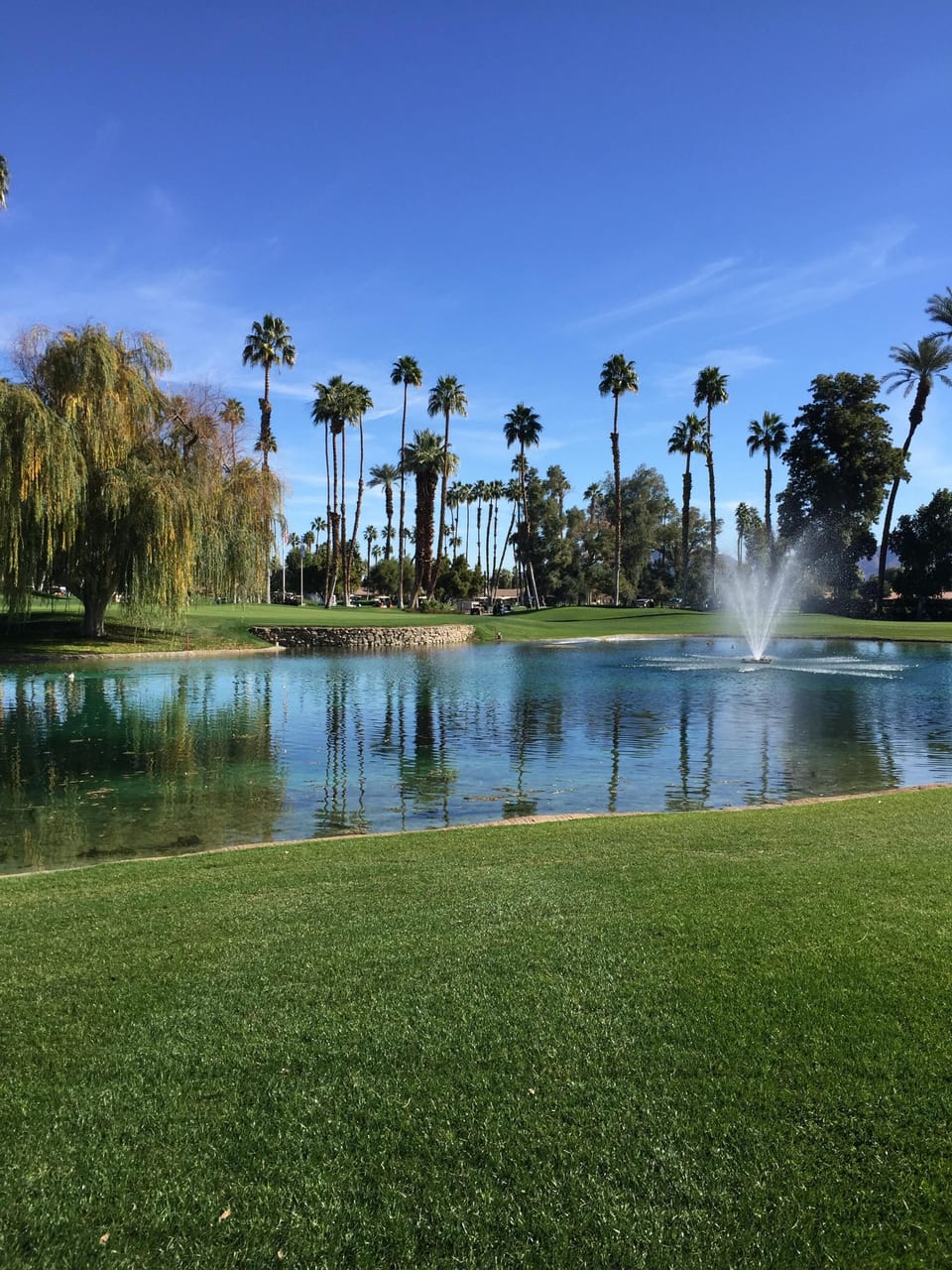 View of the fountain and golf course as you drive into Monterey Country Club