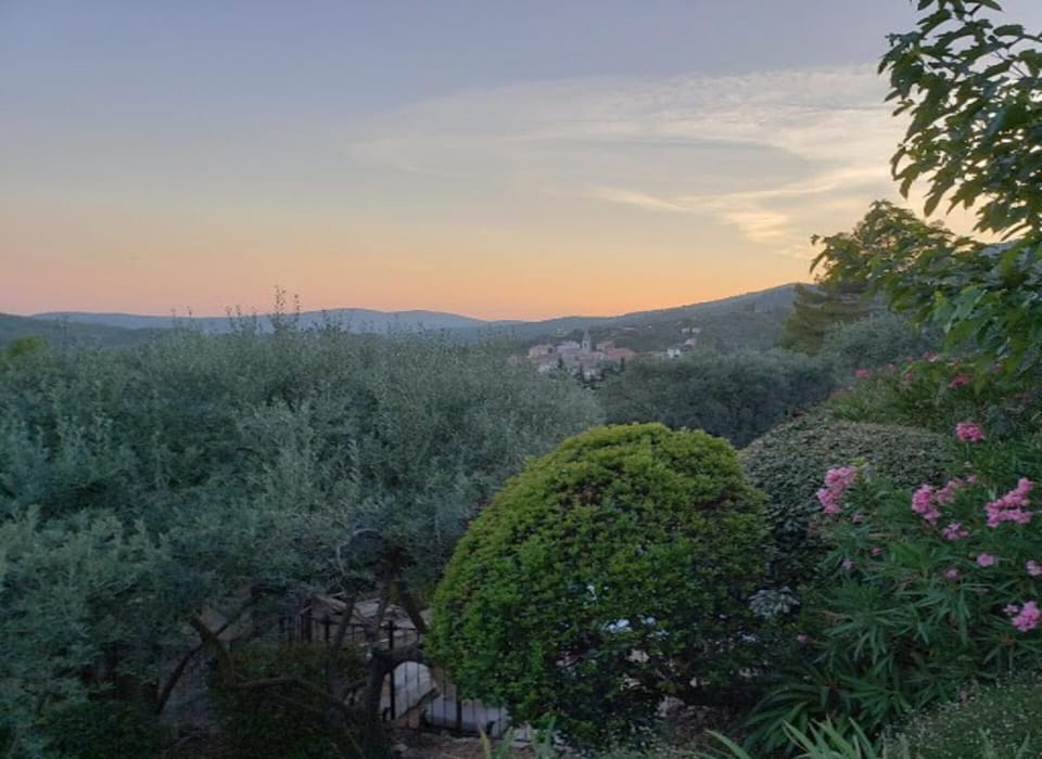 View over pool to sunset on hills.
