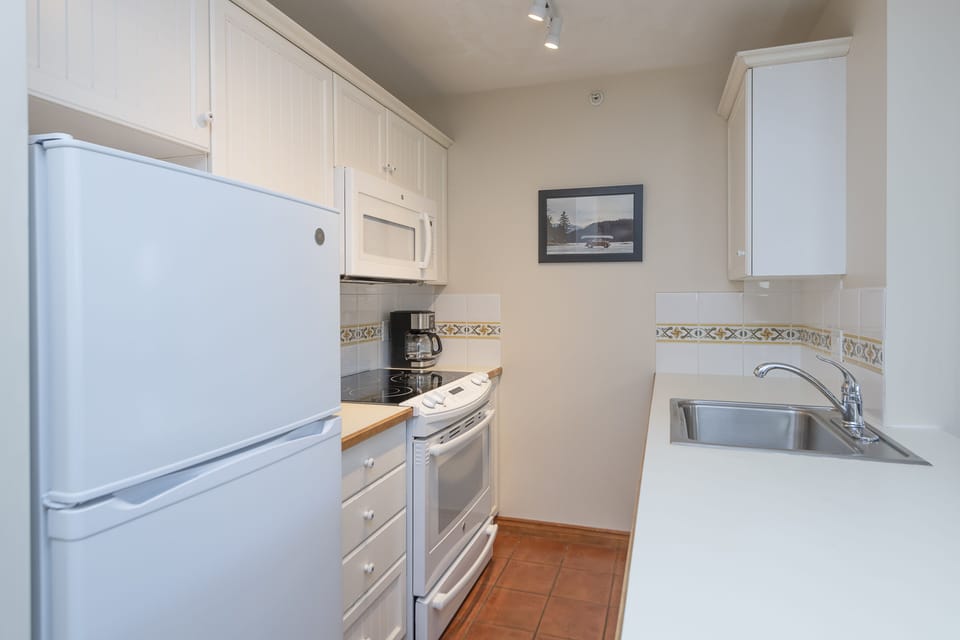 Kitchen with full fridge, stove, microwave, dishwasher