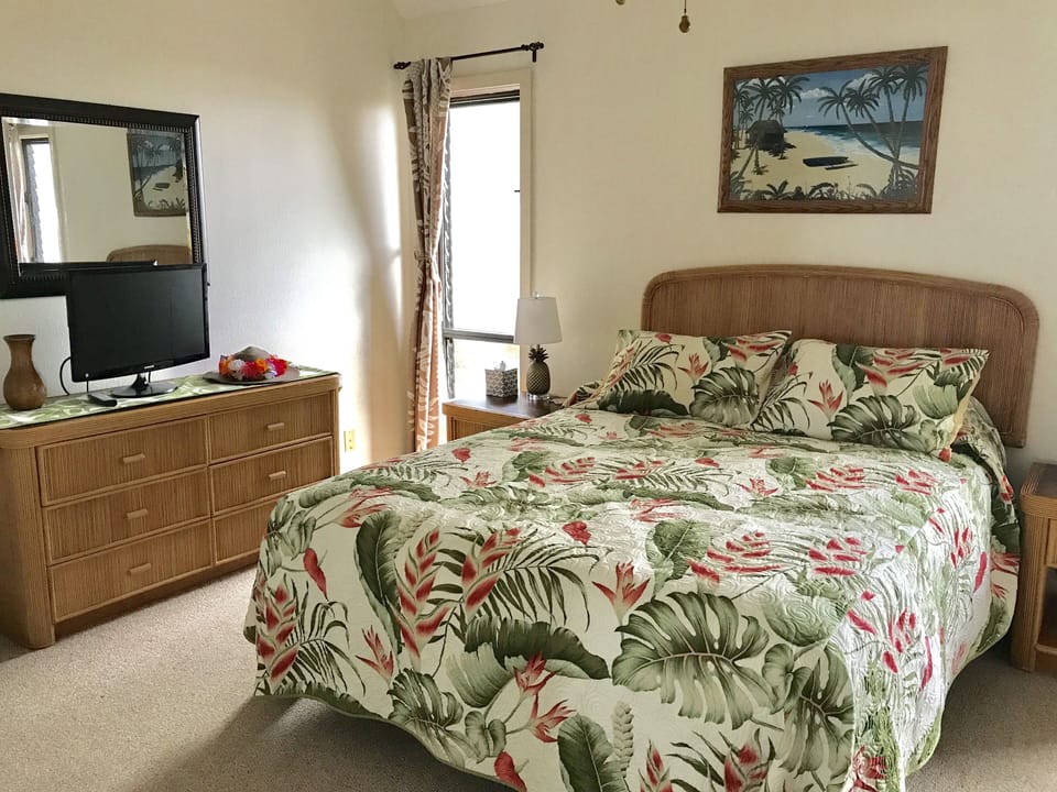 Queen size bed and triple dresser.