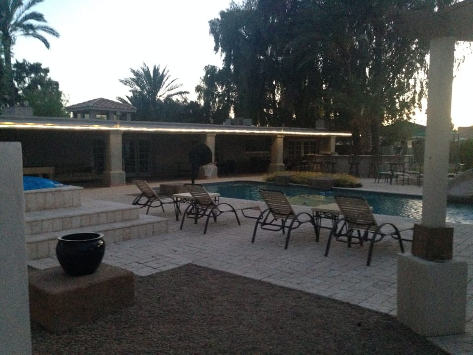 At night the place lights up with mood lighting for outdoor fun 