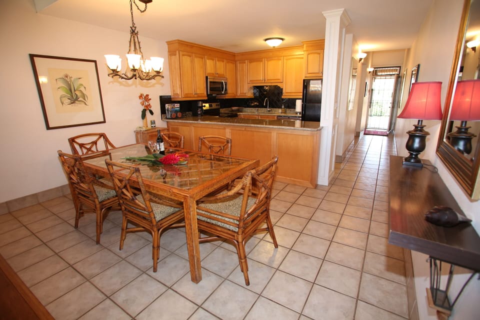 Dining area seats six.