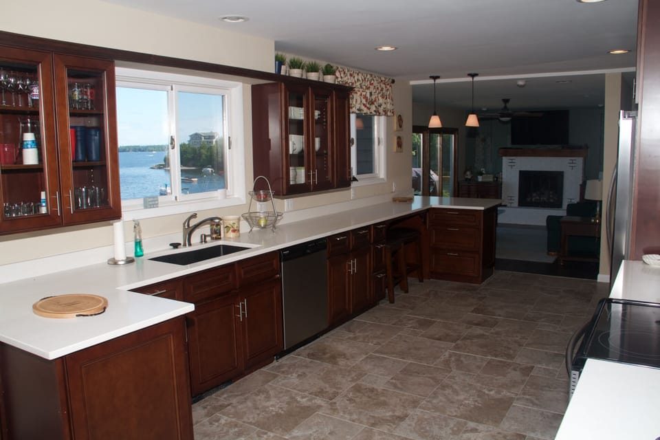 Large kitchen looking out to the lake.