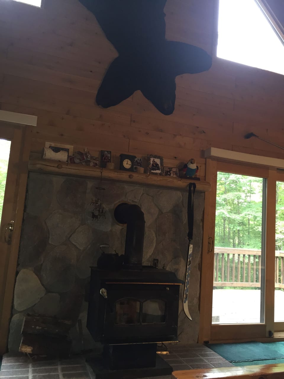 Living room area with wood burning fireplace