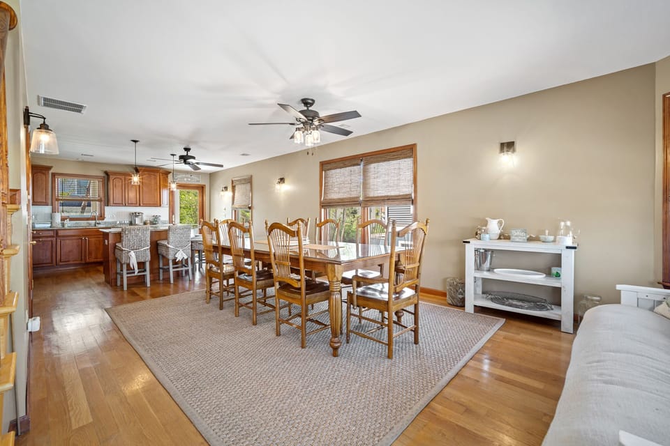 Large Dining room table is a great  spot for FAMILY meals, games and fun!