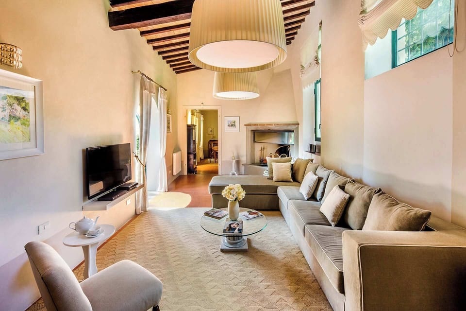 Main Living Room with 55" TV and working fireplace, overlooking the garden and Pool