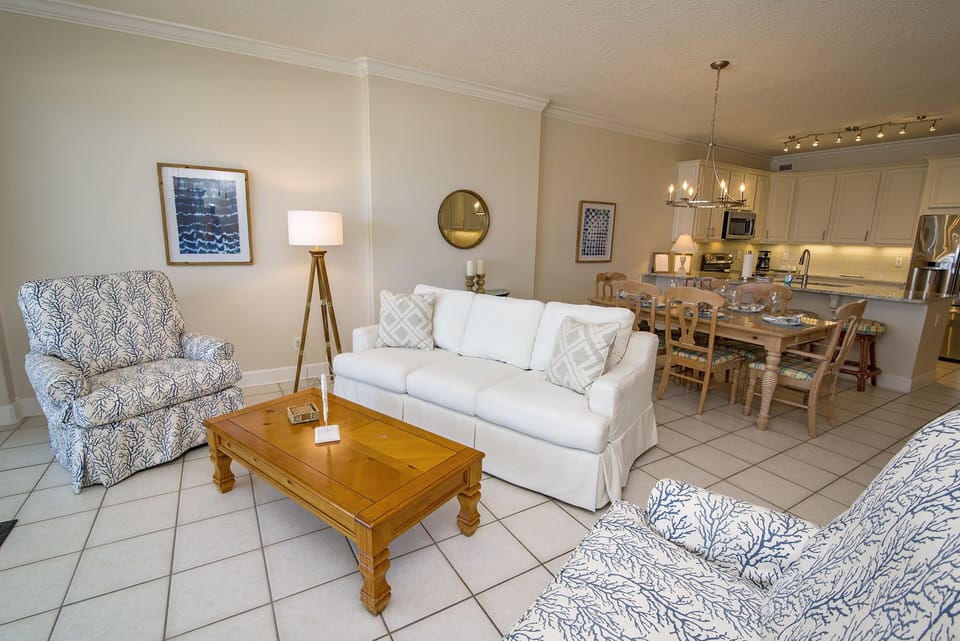 Living room flows to dining & kitchen 