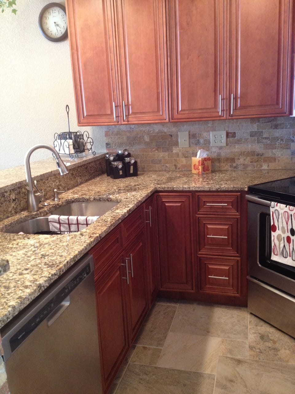 Totally new kitchen with granite countertops and stainless appliances.