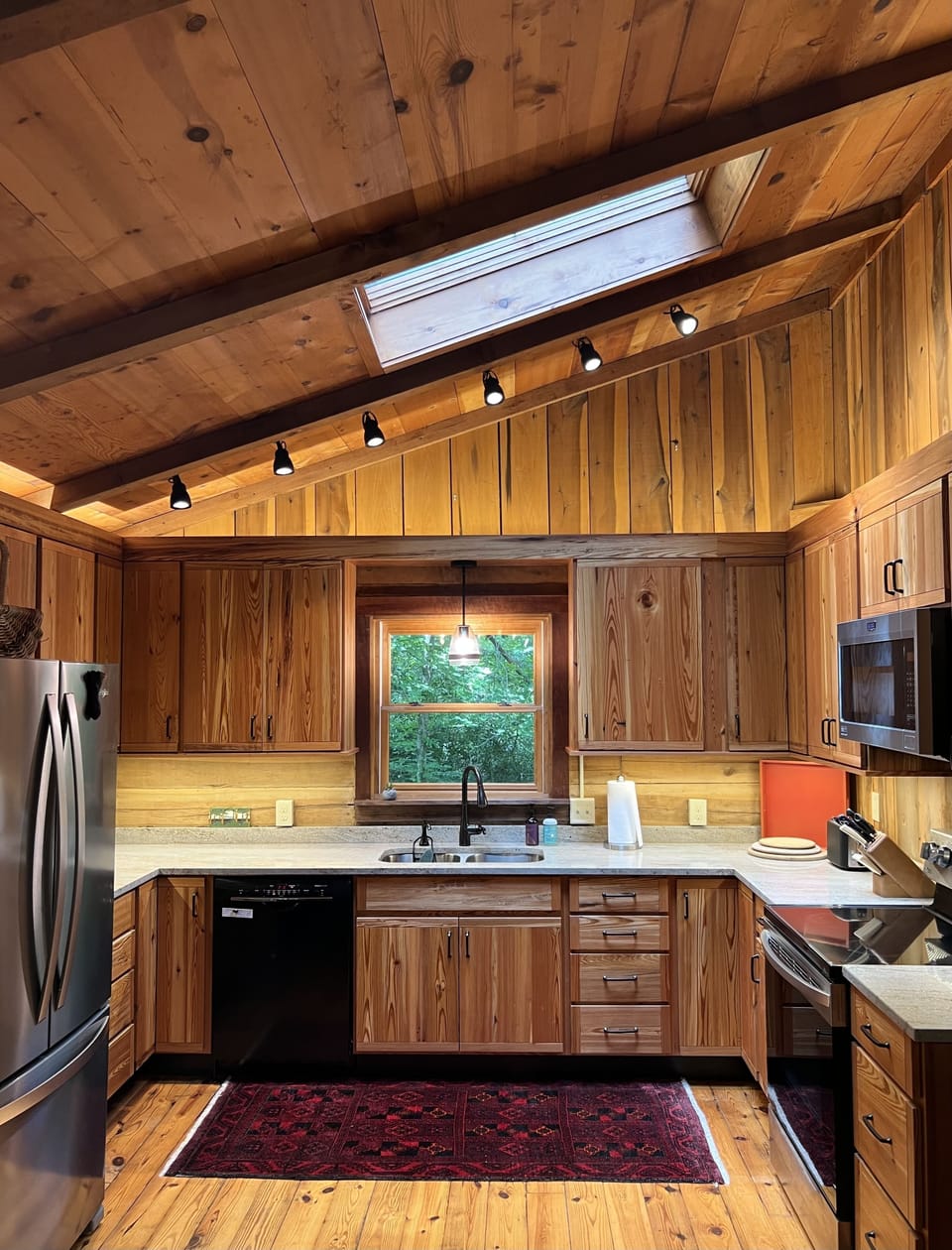 Newly renovated kitchen with reclaimed heart pine cabinets. 