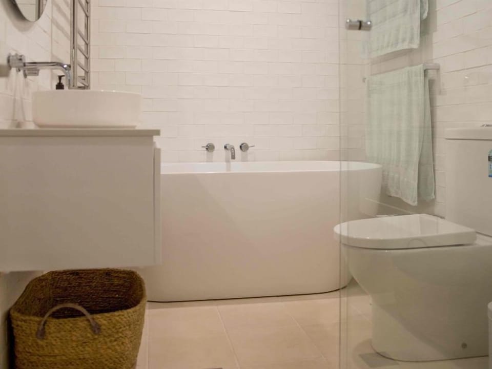 Main Bathroom ~ freestanding bath, separate shower and toilet Natural limestone 