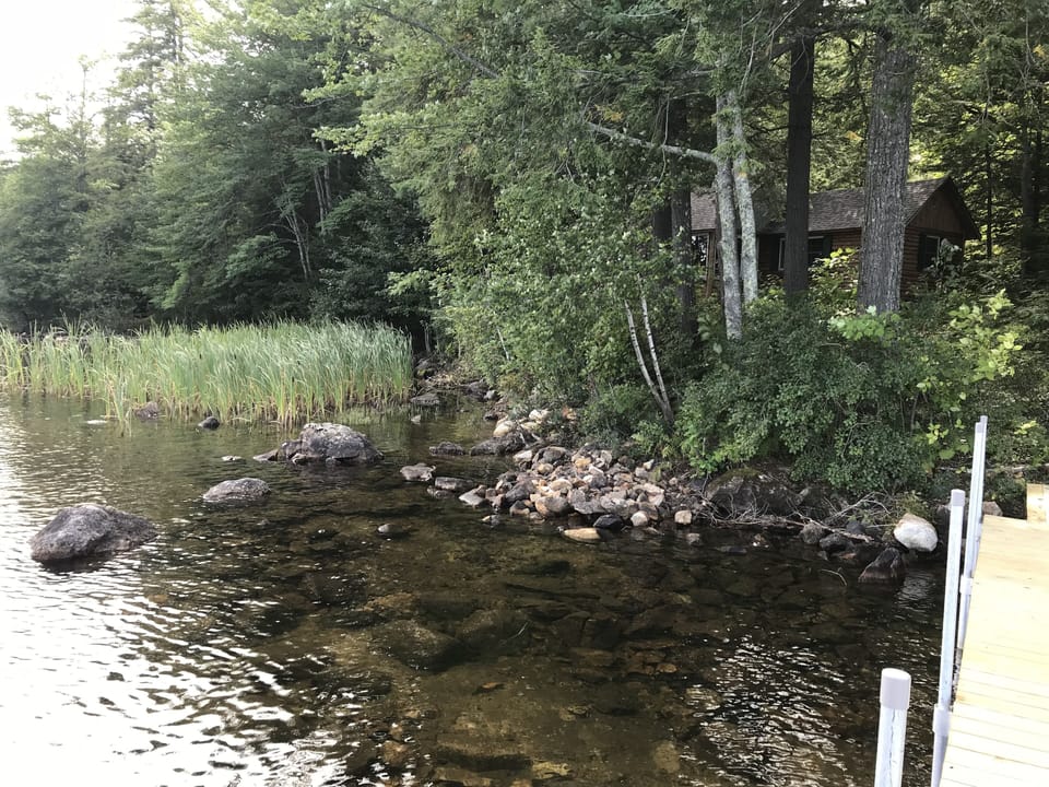 waterfront as viewed from the dock with cabin on the right