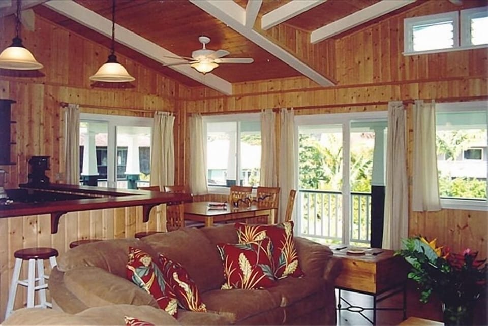 Large living room with open kitchen cozy couches great views