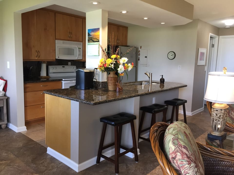 All new kitchen with granite counter tops opens up to the living room.