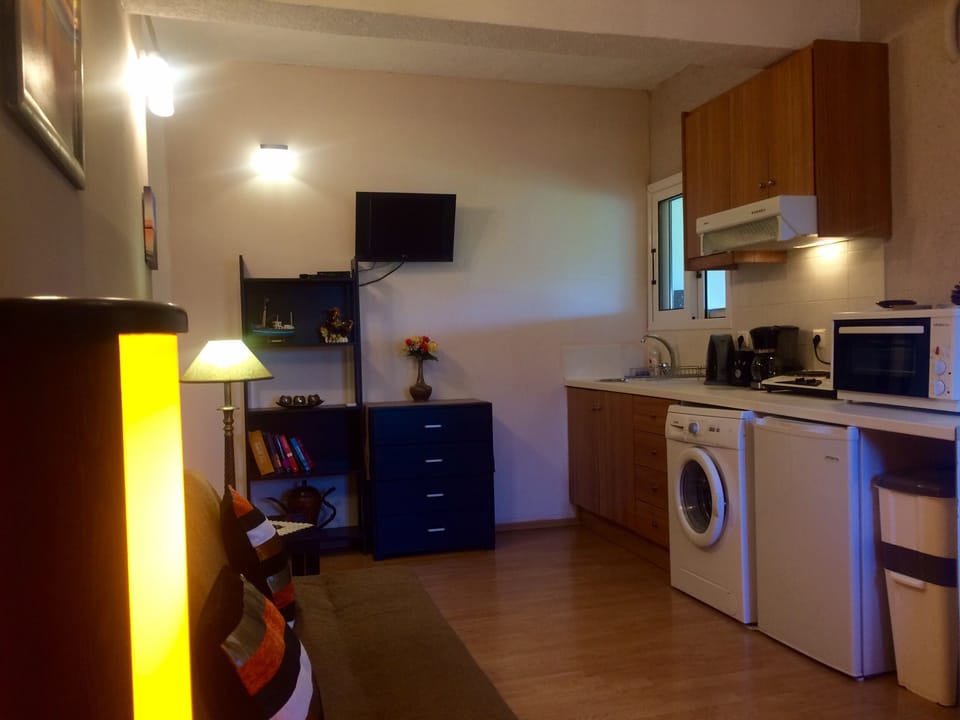 a living area with a kitchen
