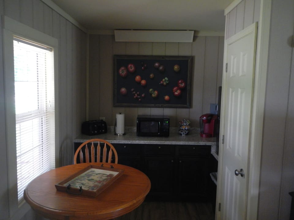 Kitchen Table wi 2 chairs.  Clothes closet on right wi ironing board and safe!