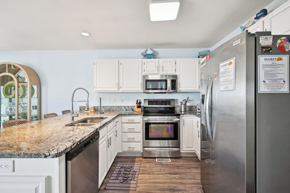 An updated kitchen makes preparing meals a breeze.
