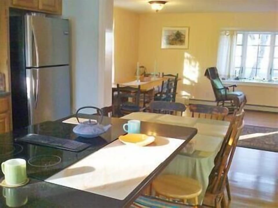 Kitchen with marble island and flat electric stove