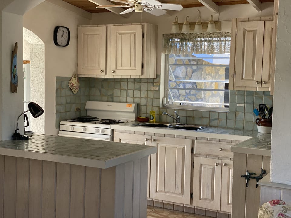 Fully equipped kitchen for meals in. Groceries, baked goods, & supplies in town.