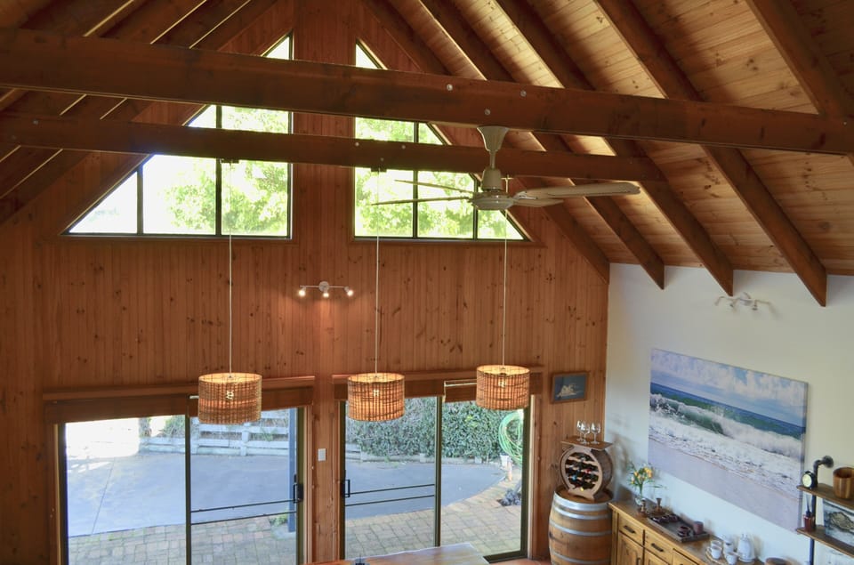 The unique architecture of The Red Cedar's A-frame roof and loft system. 