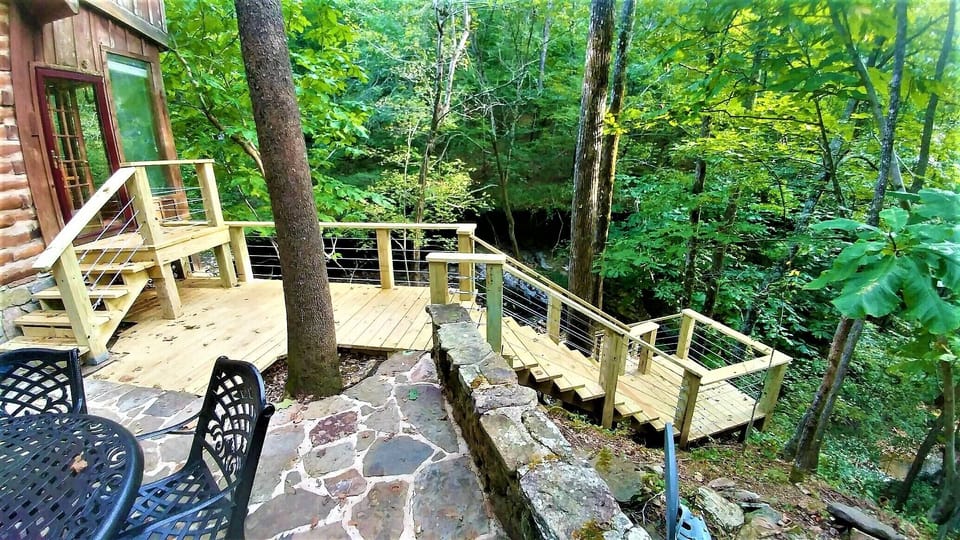 Steps leading to lower deck and waterfall