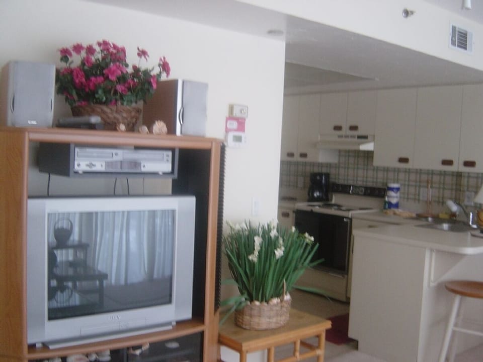 Living room view into kitchen