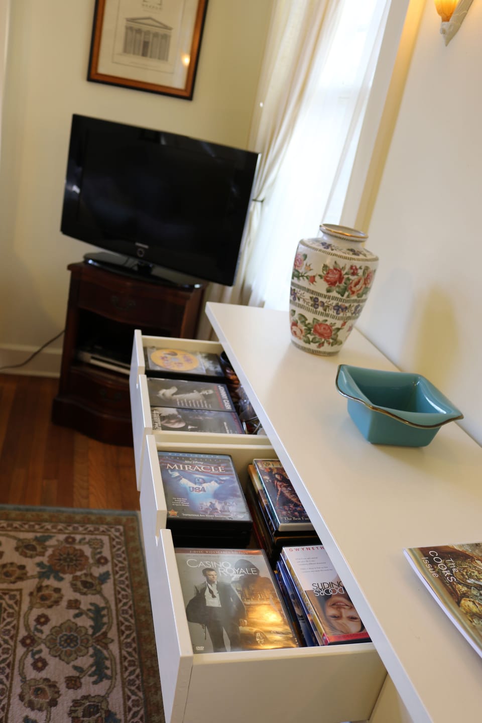 Drawers of DVDs - action/adventure, drama, comedy, oldies and a few chick-flicks