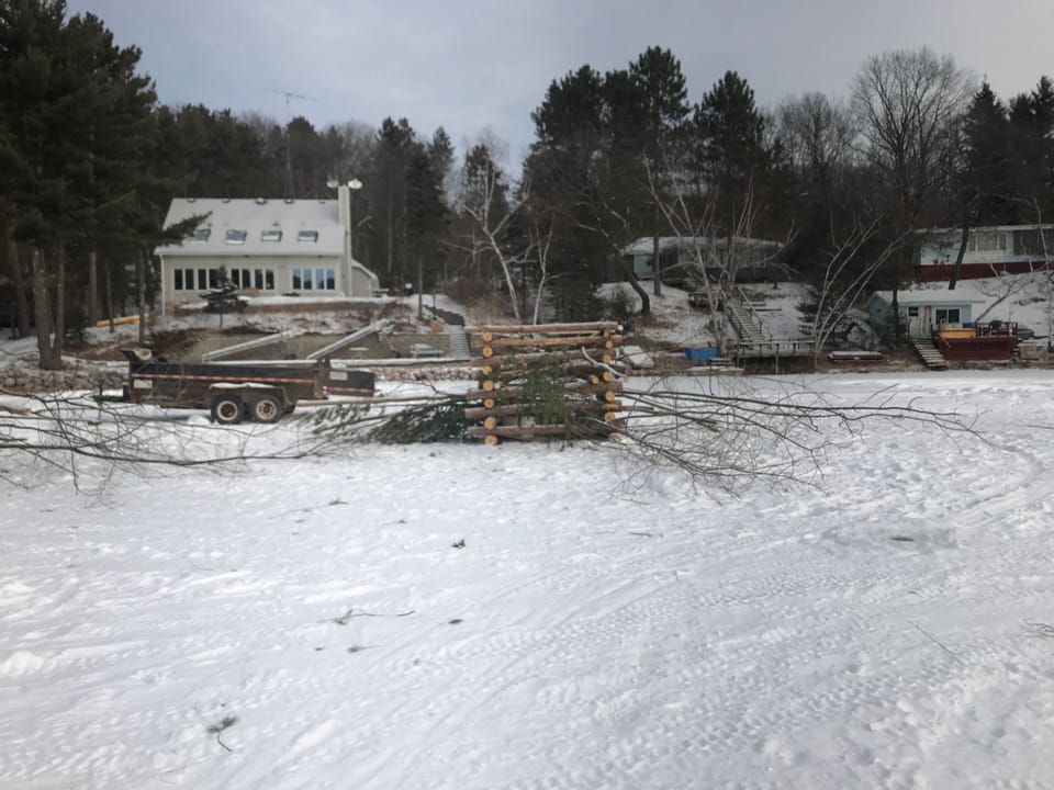 In winter we built a fish crib on the ice, makes good fish habitat, in 20’ deep