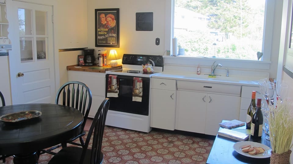 Eat in kitchen with dishwasher, microwave, vintage sink, and Ford movie posters.