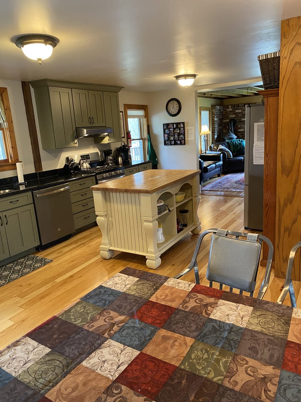 Looking through kitchen into living room