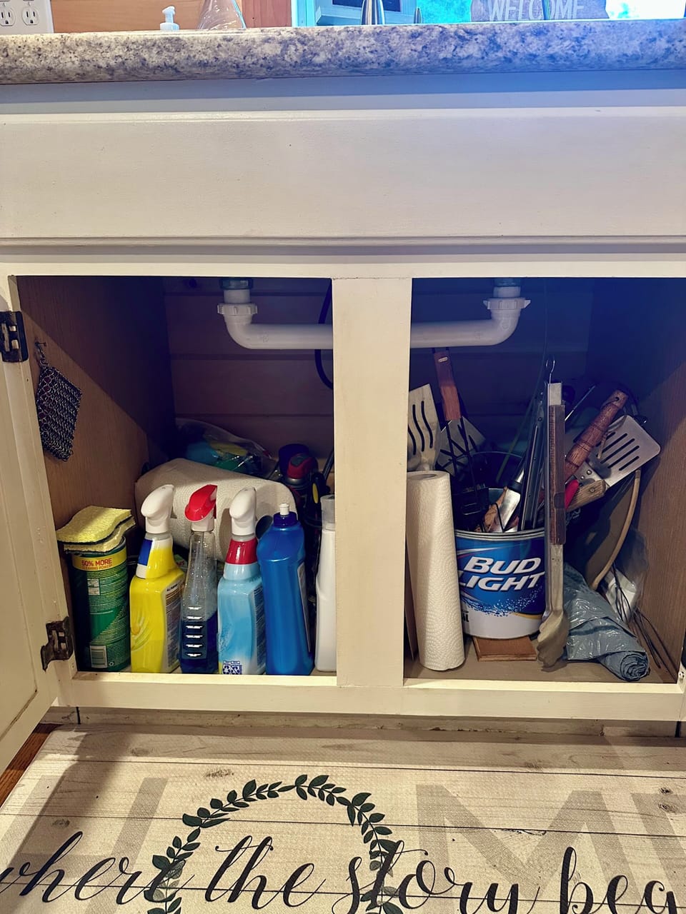 Cleaning supplies, grill accessories in Bud Light bucket